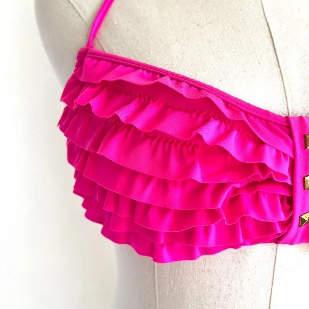 Ingear Hot Pink Ruffled Bikini Swimsuit Top Size Medium Playful Beach Summer Vib